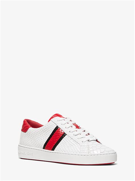 michael michael kors irving snake-embossed leather stripe sneaker|Irving Leather and Embossed Stripe Sneaker.